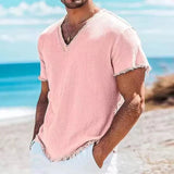 Wiaofellas  -  Vintage Solid Color Short Sleeve Linen Mens Tops Summer Daily Casual Breathable T Shirt Male Trendy Men's Ripped V Neck T-shirts