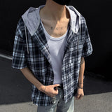 WIAOFELLAS  -  Niche Men's Shirts Hooded Drawstring Plaid Design Short Sleeved Casual Single Breasted Contrast Color Male Clothing