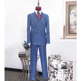 Wiaofellas  -  Denim Men Suits Fashion Peak Lapel Men Clothing 2 Piece Double Breasted Business Casual Office Daily Male Suit (Jacket+Pants)