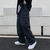 WIAOFELLAS  -  Korean Fashion Spring Autumn Solid Color Elastic Pockets Trousers Wide Leg Cargo Men's Clothing High Waisted High Street Pants
