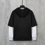 WIAOFELLAS  -  Men Fake Two Piece Hooded Sweatshirt Color Block Patchwork Trendy Top Autumn Winter Loose Fleece Lined Pullover Hoodie