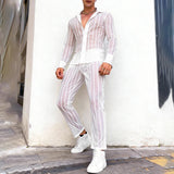 Wiaofellas  -  Men's Sets Mesh Patchwork Striped See Through Long Sleeve Shirt Pants Two Piece Sets Sexy Fashion Men Matching Sets
