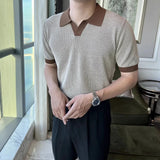 WIAOFELLAS  -  Men's Color Matching Knitted Short-Sleeved Polo Shirt American Retro Fashion Trend Loose Casual Breathable Summer Men's Tops