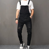 Wiaofellas   -  Stylish Men Streetwear Solid Ripped Slim Bib Overalls Jumpsuits jeans Male Distressed Holes Casual Strap Denim Pants