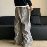 Wiaofellas  -  Vertical Striped Casual  Men's Pants Elastic Waist Lace-up Loose Straight Wide Legs Autumn New Male Trousers