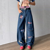WIAOFELLAS  -  Niche Design Men's Denim Pants Printing Contrast Color Washing Casual Wide Leg Trousers Straight Male Jeans Trendy