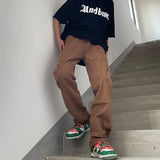 WIAOFELLAS  -  Spring American Cargo Pants Men Vintage Loose Skinny Straight Brown Jeans High Street Hems Zippered Denim Trousers