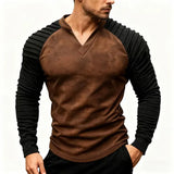 Wiaofellas  -  Spring Autumn Raglan Sleeves Men's Long Sleeve V-neck Clothing Patchwork Color T-shirt Casual Men Suede T-shirt For Male Tops