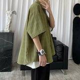 Wiaofellas  -  Korean Style Loose and Versatile Plaid Five-point Sleeve Shirt