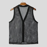 WIAOFELLAS  -  Men Tank Tops Mesh Hollow Out Solid Button Male Vests See Through Streetwear Summer 2025 Sleeveless V Neck Men Clothing