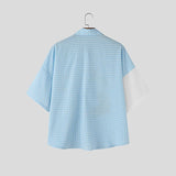 Wiaofellas  -  Men's Shirt Plaid Printing Patchwork Lapel Short Sleeve Men Clothes Streetwear Loose Fashion Casual Tops Man Shirts