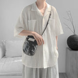 WIAOFELLAS  -  Korean Style Men's Shirts Lapel Hollow Out Knitting Single Breasted Tops Short Sleeved Pocket Loose Male Tops Trend