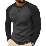 Wiaofellas  -  Men Color Block Raglan Long Sleeve T Shirts Crew Neck Curved Hem Casual Basic Undershirt Tops