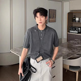 WIAOFELLAS  -  Fashion Men's Solid Color Button Loose Casual T-shirts Trendy Summer Turn Down Collar Short Sleeves Tops Male