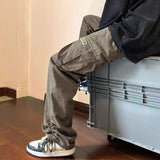 WIAOFELLAS  -  American Retro Workwear Pants Men's High Street Ins Trendy Loose Straight Leg Mop Pants with Multiple Pockets Casual Pants