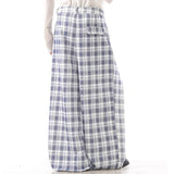 Wiaofellas  -  Men Plaid Pants Button Joggers Loose Casual Wide Leg Trousers Men Pleated Streetwear Baggy Fashion Wide Leg Pants