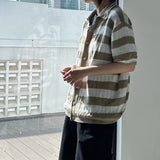 WIAOFELLAS  -  Fashion Summer Men's Striped Contrast Color Knit Sweater Trendy Casual Single-breasted Lapel Short Sleeves Tops Male