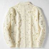 Wiaofellas  -  American Hollow Out Crochet Men Cardigan Tops Fashion Floral Knitted Long Sleeve Shirt Autumn Chic Premium Quality Blouse M-3XL