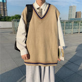 WIAOFELLAS  -  Sweater Vest Men Retro V-neck Vintage Campus Fashion Winter Japanese College DK Loose Basic Knitting All-match Trendy Chandails