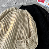 WIAOFELLAS -  Solid Colour Raw Edge Striped Sweatshirt Retro Long Sleeve T-Shirt Men's Autumn Loose Streetwear Large Size Casual Sweatshirts