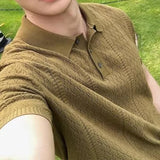 Wiaofellas  -  Men Retro Textured Knit Polo Shirt Lapel Collar Short Sleeve Business Casual Slim Fit Fashion Tops Summer Vintage Pattern Polos