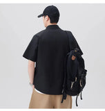 WIAOFELLAS  -  Men's Summer Solid Color Short-Sleeve Shirt - Relaxed Drop-Shoulder Casual Top, Textured Design for Smart-Casual Wear