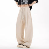 WIAOFELLAS  -  New Summer Men Suit Pants Drawstring Solid Color Wide Leg Casual Straight Elastic Waist Loose Male Trousers Simple