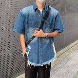 WIAOFELLAS  -  Vintage Men's Gradient Hole Burr Edge Denim Shirts Fashion Summer Short Sleeves Single-breasted Tops Male