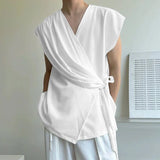 Wiaofellas  -  Men's Shirt Solid Color Pleated Sleeveless Shawl Tops Streetwear Summer Loose Camisas Masculina Fashion Men Clothes