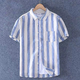 Wiaofellas  -  Shirts for Men Striped with Pocket Short Sleeve Fashion New in Tops Casual Korean Popular Clothes Vintage Sleeves Man Shirt