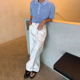 WIAOFELLAS  -  Mens Knit Polo Shirt Textured Weave Hollow Korean Niche Summer Short Sleeve Top Breathable Thin Relaxed Fit lapel Daily Mens Top