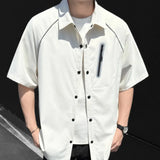 WIAOFELLAS  -  Niche Design Men's Shirts Turn-down Collar Line Zipper Patchwork Contrast Color Short Sleeved Loose Male Clothing