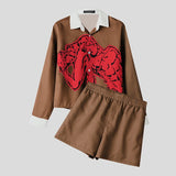 WIAOFELLAS  -  Men Sets Printing Striped Patchwork Streetwear Lapel Long Sleeve Shirt Crop Tops & Shorts Two Pieces Sets 2025 Men Suits