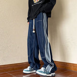 WIAOFELLAS  -  Spring Autumn Casual Jeans Men American Streetwear High Street Stitching Loose Straight Leg Wide Leg Pants Mens