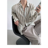 Wiaofellas  -  Korean Style Design Sense Hollow Striped Shirt Men's Casual Loose Iron-free Drooping Long-sleeved Shirt Niche