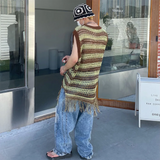 WIAOFELLAS  -  Summer New Men's Striped Sleeveless Knitted Vest American Retro Fashion Trendy Street Hip Hop Loose Casual Niche Men's Top