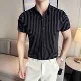 WIAOFELLAS  -  Summer Spring Short Sleeved Silky Shirt Men British Style Striped Printed Slim Mens Shirts Business Handsome Men's Casual Shirt