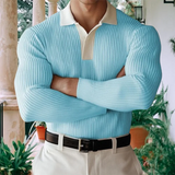 WIAOFELLAS  -  Stylish Men's Patchwork Polo Shirts Long Sleeve Buttoned Polo Neck Ribbed Tops Men 2025 Autumn Outdoor Casual Long Sleeve Polos