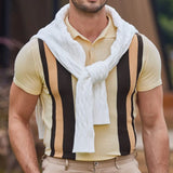 WIAOFELLAS  -  Contrast Striped Casual Knitted Short-Sleeved Polo Shirt New Business Comfortable Retro Versatile Shirt For Men