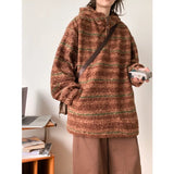 WIAOFELLAS  -  Vintage woolen striped knit hoodie autumn and winter warm hoodie wear fashion brand loose top