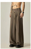 Wiaofellas  -  American Retro Brown Casual Drapey Wide Leg Pants Loose Fit Design Sense Straight Cut Long Trousers Polyester Fabric