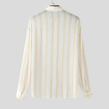 WIAOFELLAS  -  Men Striped Shirts Lapel Long Sleeve Lace Up Loose Autumn Men Clothing Streetwear Fashion Casual Male Shirts S-5XL