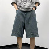 WIAOFELLAS  -  Fashion Men's Patchwork Rivets Bandage Loose Denim Shorts Vintage High-waisted Straight Short Pants Male 2025 Summer