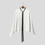Wiaofellas  -  Men Shirt Lace Patchwork Long Sleeve Stand Collar Men Clothing Tops With Belt Streetwear Fashion Casual Male Shirts