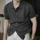 Wiaofellas  -  Summer New Casual Short Sleeve Knit Shirts Men Vintage Textured Knitted Shirt Tops Mens Fashion Button-up Lapel Shirt