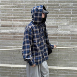 Wiaofellas  -  Vintage Blue Plaid Hooded Shirt Color Block American Retro Jacket Long Sleeve Casual Urban Style Polyester Fiber Spring Autumn