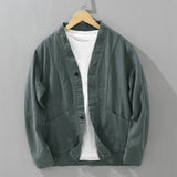 WIAOFELLAS  -  70% Ramie 30% Cotton, Solid Color Men's Cotton and Linen Jacket, V-neck Jacket, Wear-Resistant Loose Casual Breathable M-3XL