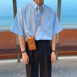 WIAOFELLAS  -  New Men's Casual Business Solid Color Short Sleeve Shirts Classic Pocket Button Up Cargo Shirt Y2K Streetwear Basic Blouse