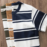 Wiaofellas  -  Hipster men's retro Heavy T-shirt Cotton half sleeve crew neck striped short sleeve T-shirt