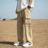 WIAOFELLAS  -  Men's Clothing Spring Autumn Elastic Pockets High Waisted Letter Embroidered Casual Trousers Cargo Straight Bloomers Pants